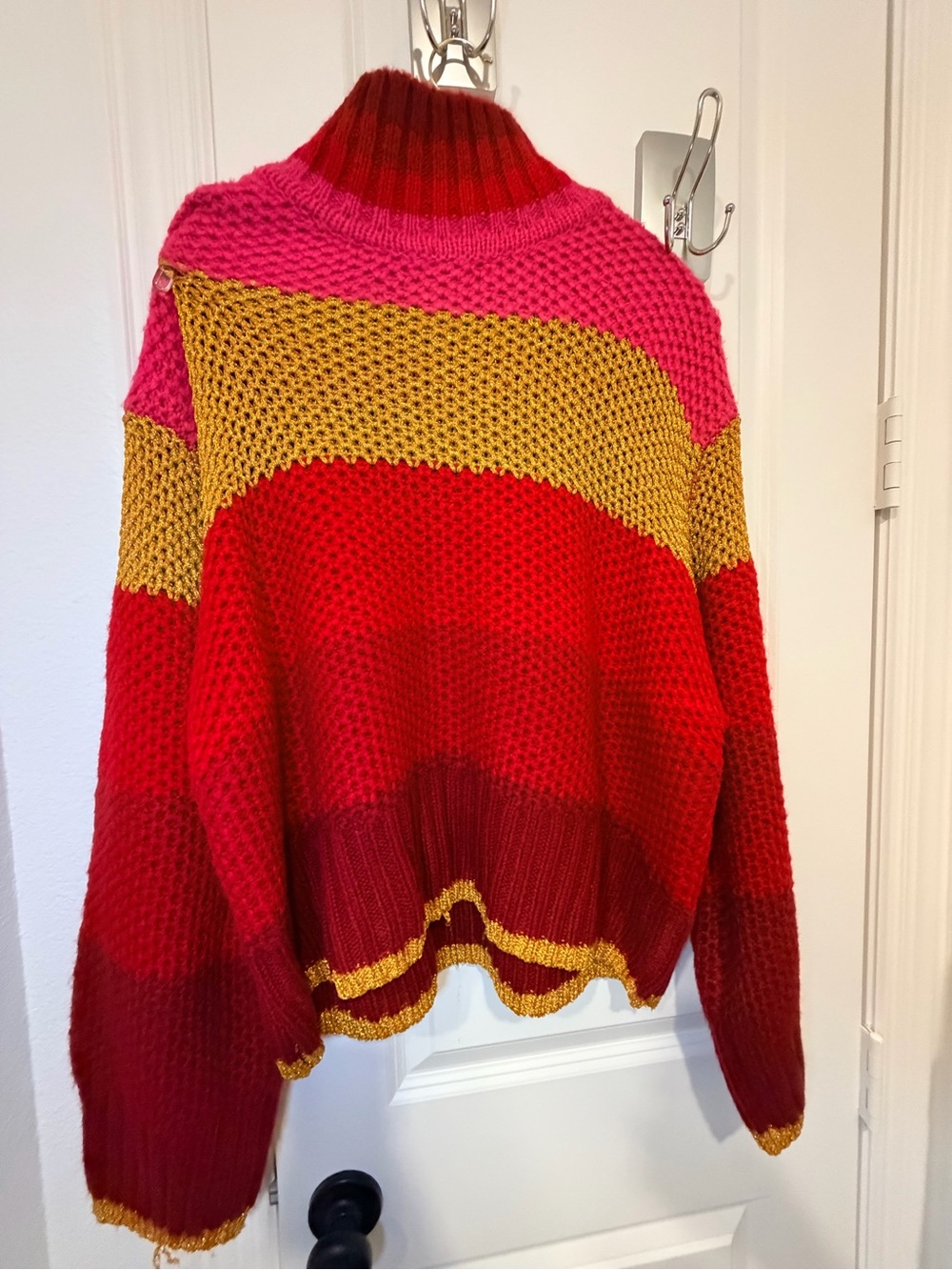 FARM Rio Multicolor Ribbed Turtleneck Sweater - Red, Pink & Yellow